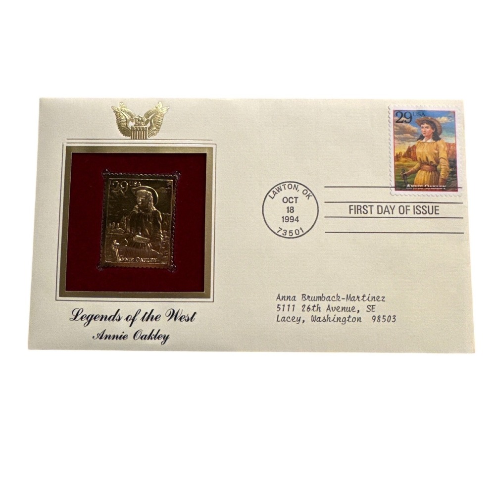 Annie Oakley Legends of the West 22kt Gold Foil Stamp Replica First Day Cover 94